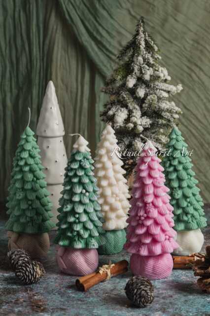Christmas Tree Soy Candle Handmade Holiday Decor, Pink & Green Xmas Gift - image 1
