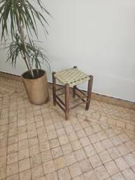 Small Moroccan Stool Made Of Wood & Natural Rope Checkerboard Weave