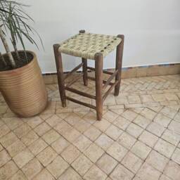 Small Moroccan Stool Made Of Wood & Natural Rope Checkerboard Weave - thumbnail 4