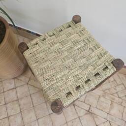 Small Moroccan Stool Made Of Wood & Natural Rope Checkerboard Weave - thumbnail 3