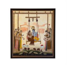 Holi Hindola, Shri Krishna & Radha Rani Playing in Barsane, Handmade Embroider Artwork For A Feature Wall Home Decor - thumbnail 2