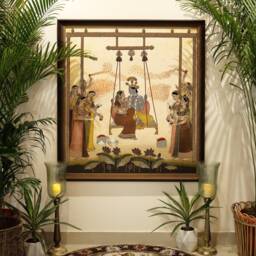 Holi Hindola, Shri Krishna & Radha Rani Playing in Barsane, Handmade Embroider Artwork For A Feature Wall Home Decor - thumbnail 1
