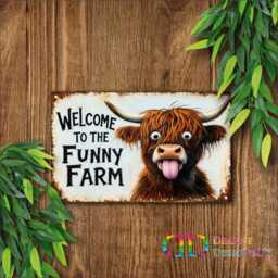 Welcome To The Funny Farm Sign, Highland Cow Plaque, Wall Decor, Rustic Farmhouse Lover Gift, Country Home Decor - thumbnail 2
