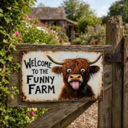 Welcome To The Funny Farm Sign, Highland Cow Plaque, Wall Decor, Rustic Farmhouse Lover Gift, Country Home Decor - thumbnail 1