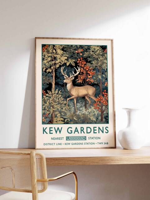 William Morris Deer Print, Kew Gardens London Poster, Vintage Wall Art, Floral Poster - image 1