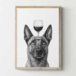 Belgian Malinois Dog Art Print, Funny & Wine Drawing, Lover Wall Decor, Lovers Gifts - thumbnail 1