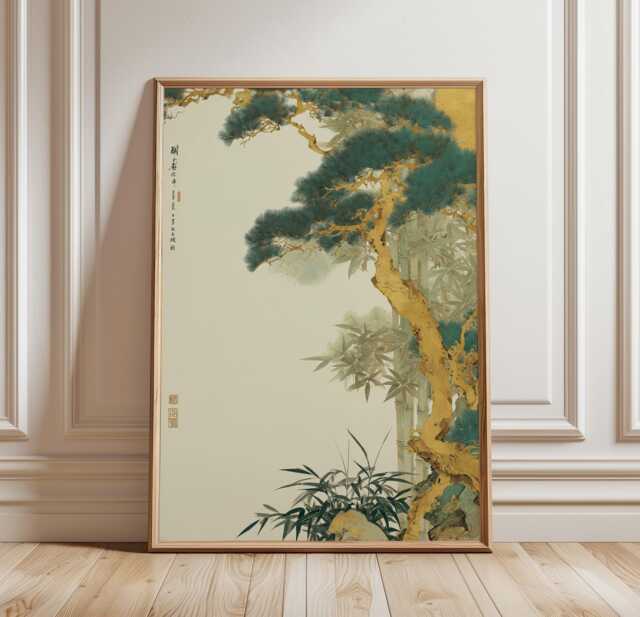 Asian Tree Wall Art Poster Bamboo Pine Illustration Nature Home Decor Living Room Print Soft Neutral Tones, Traditional Ink Style - image 1