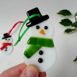 Fused Glass Snowman Christmas Decoration, Art, Tree Bauble, Gift For Her, Twig Ornament, Secret Santa, Stocking Filler - thumbnail 3
