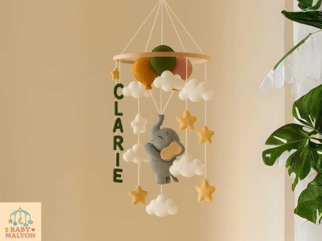 Personalized Baby Mobile, Custom Elephant Gifts, Autumn Shower, Announcement Gift, Handmade - image 1