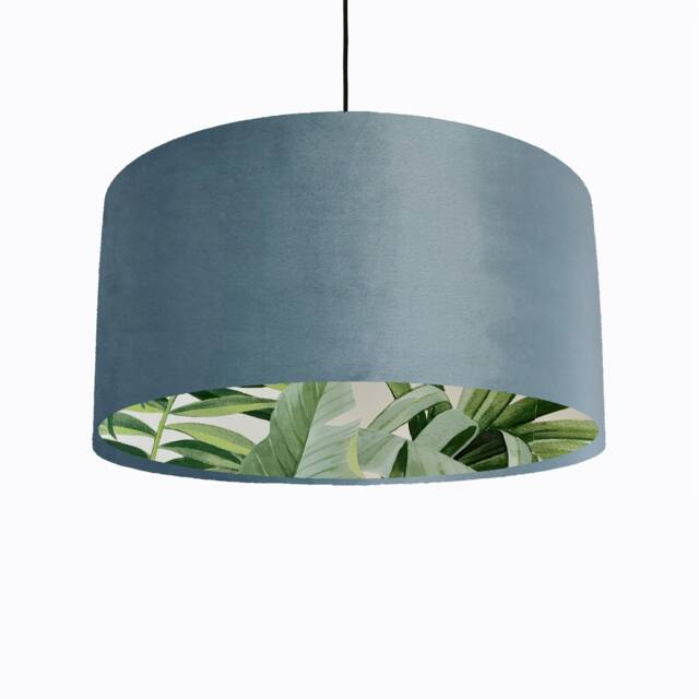 Duck Egg Blue Velvet Drum Lampshade With Lush Green Leaves Lining, Large Tropical Lightshade - image 1