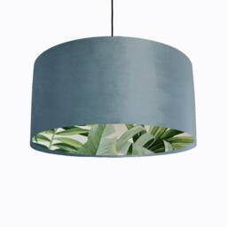 Duck Egg Blue Velvet Drum Lampshade With Lush Green Leaves Lining, Large Tropical Lightshade