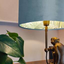 Duck Egg Blue Velvet Drum Lampshade With Lush Green Leaves Lining, Large Tropical Lightshade - thumbnail 2