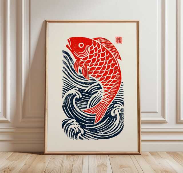 Japanese Koi Fish Poster, Traditional Linocut Art Print, Red & Blue Wave Wall Art, Minimalist Asian Decor, Zen Home Artwork - image 1