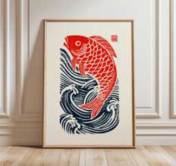 Japanese Koi Fish Poster, Traditional Linocut Art Print, Red & Blue Wave Wall Art, Minimalist Asian Decor, Zen Home Artwork - thumbnail 1