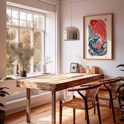Japanese Koi Fish Poster, Traditional Linocut Art Print, Red & Blue Wave Wall Art, Minimalist Asian Decor, Zen Home Artwork - thumbnail 3