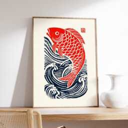 Japanese Koi Fish Poster, Traditional Linocut Art Print, Red & Blue Wave Wall Art, Minimalist Asian Decor, Zen Home Artwork - thumbnail 2