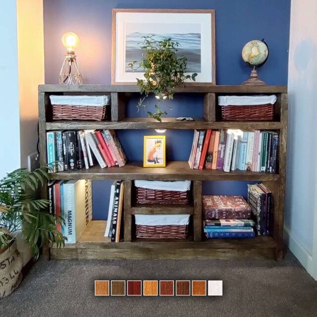 Handmade Wood Bookcase Sideboard With Optional Wicker Baskets & Lights - image 1