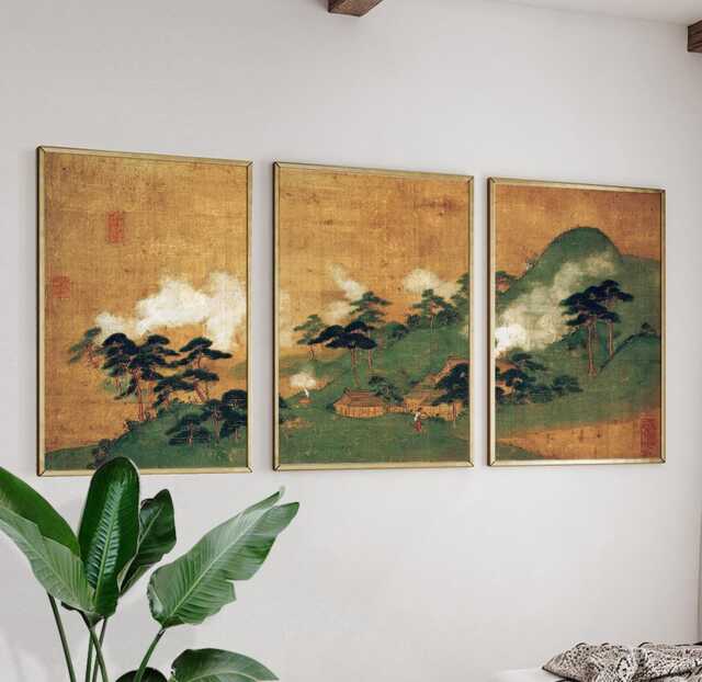 Japanese Wall Art Triptych - Landscape Poster Set Of 3 Gold Green Vintage Print - image 1