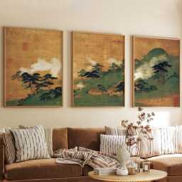 Japanese Wall Art Triptych - Landscape Poster Set Of 3 Gold Green Vintage Print - thumbnail 2