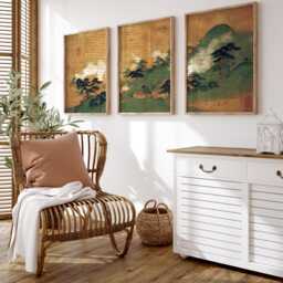 Japanese Wall Art Triptych - Landscape Poster Set Of 3 Gold Green Vintage Print - thumbnail 3