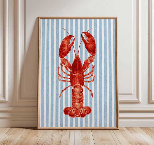 Nautical Lobster Art Print - Red Poster With Blue Stripes, Coastal Kitchen Wall Decor, Beach House Artwork - image 1