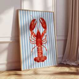 Nautical Lobster Art Print - Red Poster With Blue Stripes, Coastal Kitchen Wall Decor, Beach House Artwork - thumbnail 2
