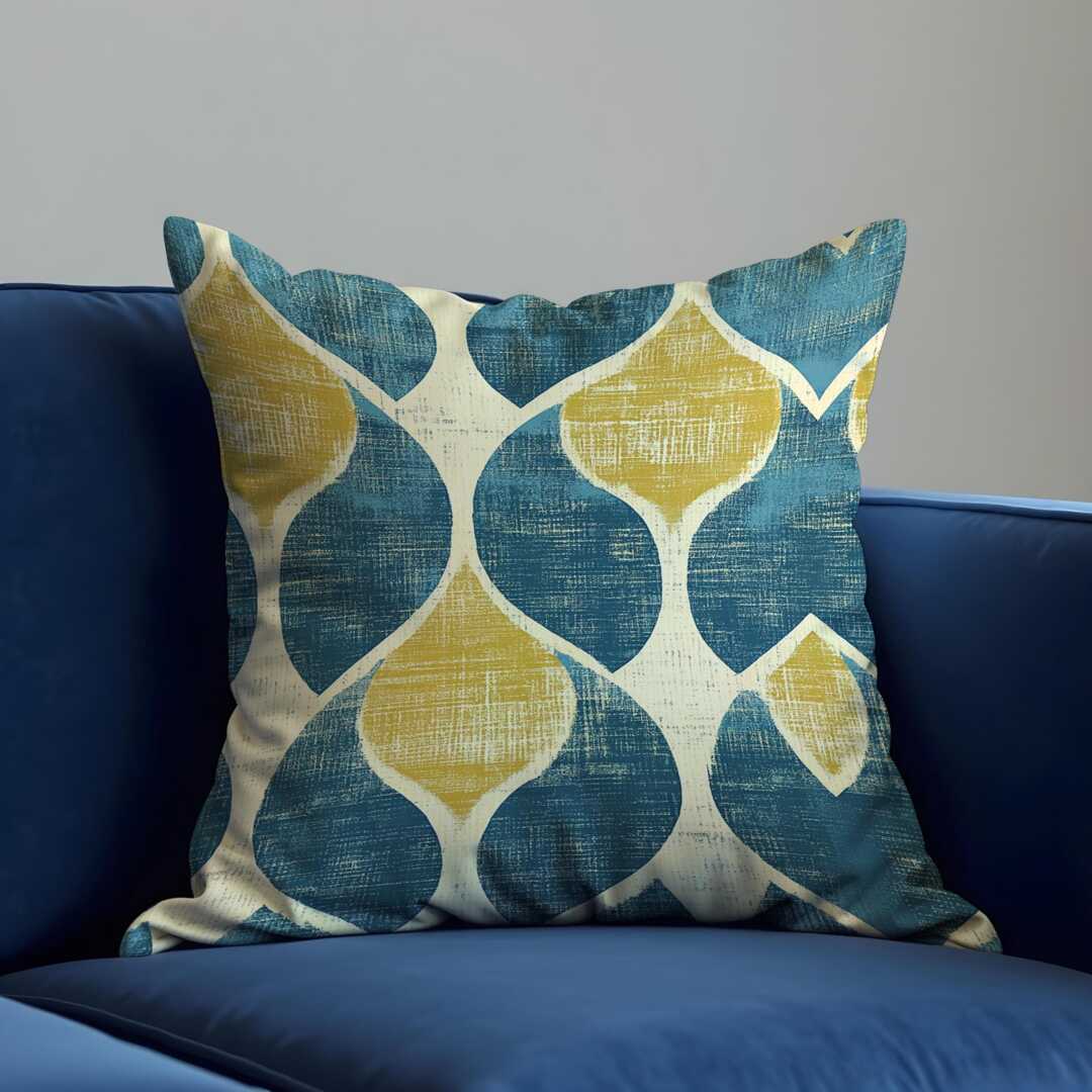 Teal Mustard Retro Cushion Cover, Mid Century Modern Geometric