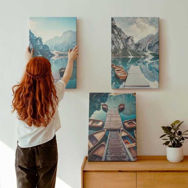 Canvas Art Set Of 3 - A Calm Lake With Wooden Piers & Boats, Blue Wall Large, Landscapes Decor - image 1