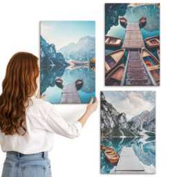 Canvas Art Set Of 3 - A Calm Lake With Wooden Piers & Boats, Blue Wall Large, Landscapes Decor - thumbnail 3