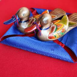 Hand-Carved, Woodcraft, Wedding Duck, Silk Giftwrap, Collectible, Asian Home Decor, Korean Artisan, Thanksgiving, Wedding, Anniversary Gift - thumbnail 1