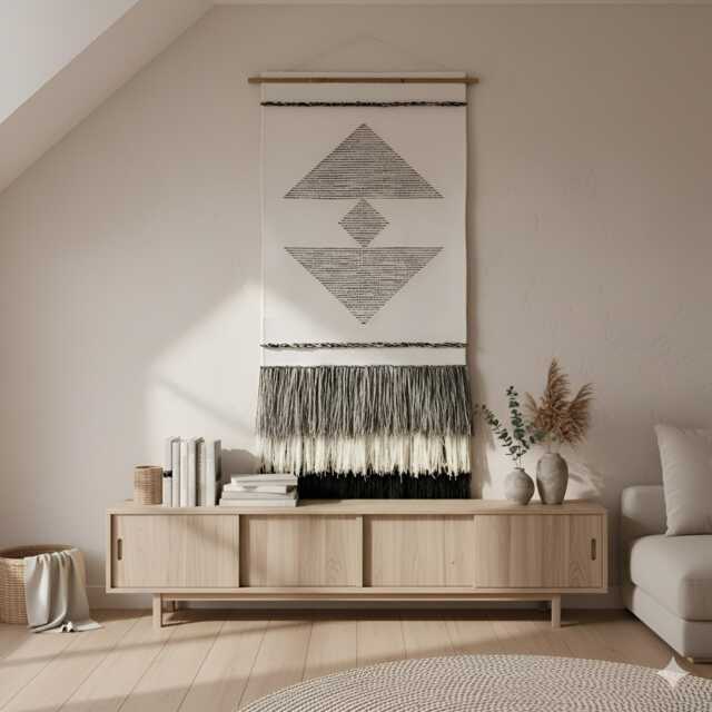 Geometric Wall Tapestry - Black & White Japandi Decor Handwoven Minimalist Fiber Art Modern Boho Hanging Unique Home - image 1