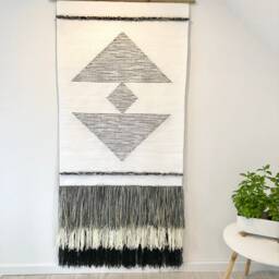 Geometric Wall Tapestry - Black & White Japandi Decor Handwoven Minimalist Fiber Art Modern Boho Hanging Unique Home - thumbnail 2