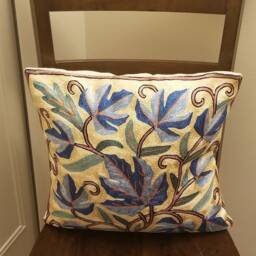 Handmade Silk Embroidery Cushion Cover Blue Leaf Throw Pillow - 16x16 - thumbnail 2
