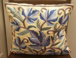 Handmade Silk Embroidery Cushion Cover Blue Leaf Throw Pillow - 16x16 - thumbnail 1