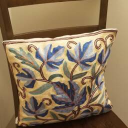 Handmade Silk Embroidery Cushion Cover Blue Leaf Throw Pillow - 16x16 - thumbnail 3