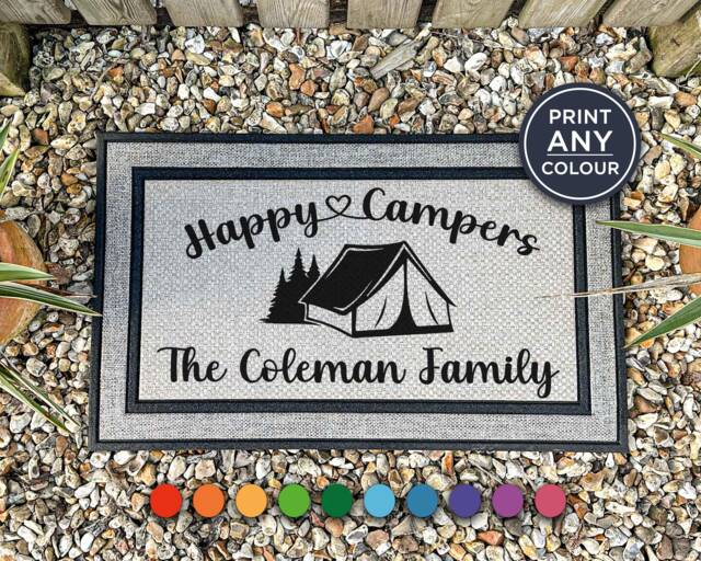 Happy Campers Camping Door Mat - Weatherproof Doormat Personalized Family Name Travelling Camper Rug Trip Gift - image 1
