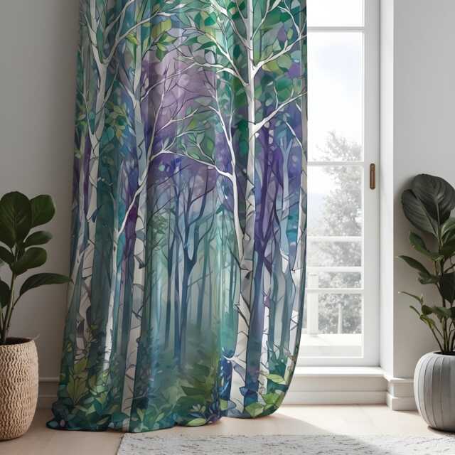 Teal Purple Forest Scene Curtains, Nature Inspired Birch Tree Drapes, Made To Measure Window Panels Home Decor - image 1