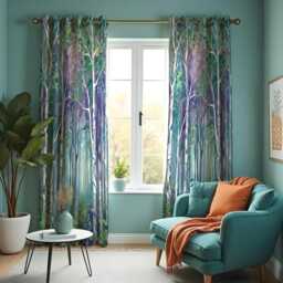 Teal Purple Forest Scene Curtains, Nature Inspired Birch Tree Drapes, Made To Measure Window Panels Home Decor - thumbnail 3