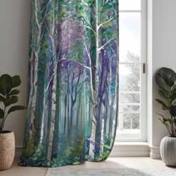 Teal Purple Forest Scene Curtains, Nature Inspired Birch Tree Drapes, Made To Measure Window Panels Home Decor - thumbnail 1