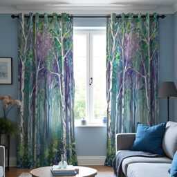 Teal Purple Forest Scene Curtains, Nature Inspired Birch Tree Drapes, Made To Measure Window Panels Home Decor - thumbnail 2