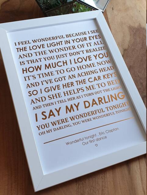 A4 Metallic Foil Song Lyrics Wall Art, Personalised Print With Wedding First Dance, Favourite in Copper, Gold, Silver Or Rose Gold - image 1