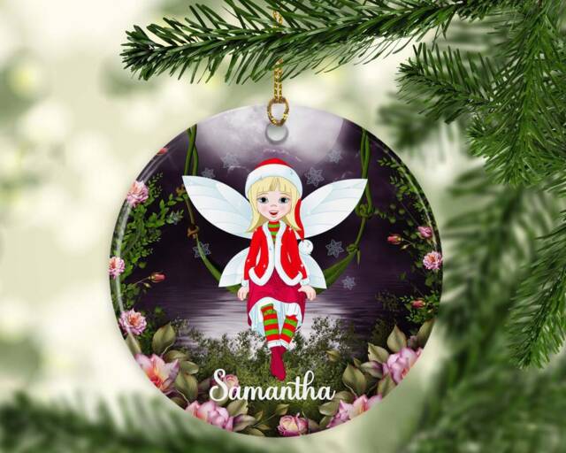 Personalised Fairy Christmas Ornament Custom Name Bauble Ceramic Or Mdf Acrylic Disc - image 1