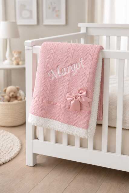 Personalised Baby Blanket Embroidered Name Knitted With Bow Newborn Gift - image 1