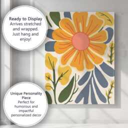 Oversized Golden Daisy Flower Botanical Folk Art Illustration Canvas Wall Print Decor Picture Ready To Hang - thumbnail 3