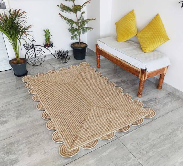 Scalloped Natural Jute Rug, Scallop Edge Bohemian Custom Size Boho Decor Eco Friendly Shape Rug - image 1