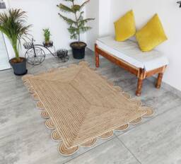 Scalloped Natural Jute Rug, Scallop Edge Bohemian Custom Size Boho Decor Eco Friendly Shape Rug - thumbnail 1