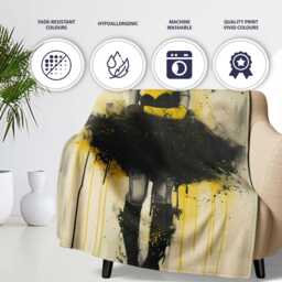 Yellow Black Masked Woman Gothic Urban Illustration, All Season Comfort, Modern Interior Accent - Super Soft Fleece Blanket Bed Sofa Throw - thumbnail 2