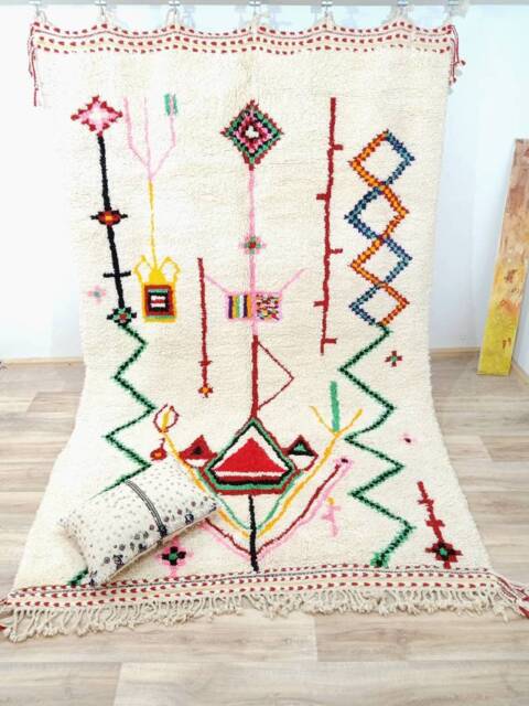 Authentic Colorful Azilal Rug With Berber Patterns From Beni Ourain Tribe. Diamond Wool Carpet. Well Hand Woven Moroccan - image 1