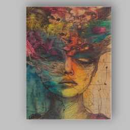Colourful Surreal Botanical Female Face Line Art Portrait Canvas Wall Print Decor Picture Ready To Hang - thumbnail 1