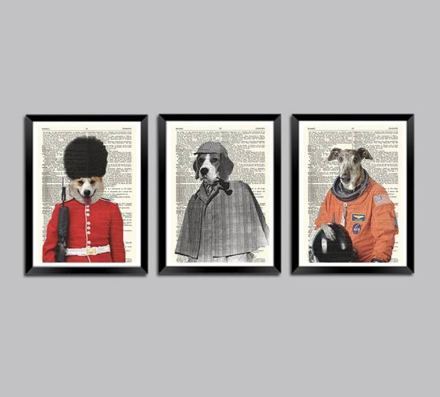 Dog Prints Fun Doggy Art Posters, Printed On Vintage Dictionary Pages - image 1